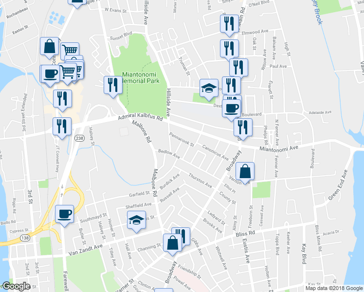 map of restaurants, bars, coffee shops, grocery stores, and more near 7 Yale Street in Newport