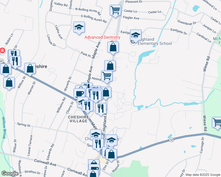 map of restaurants, bars, coffee shops, grocery stores, and more near 260 Highland Avenue in Cheshire