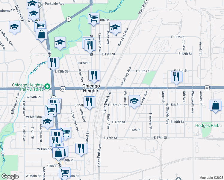 map of restaurants, bars, coffee shops, grocery stores, and more near in Chicago Heights