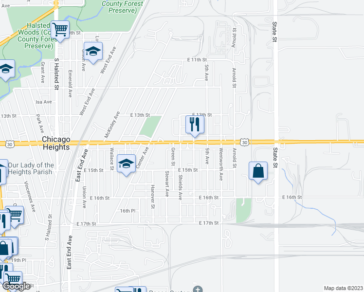 map of restaurants, bars, coffee shops, grocery stores, and more near 1419 Shields Avenue in Chicago Heights