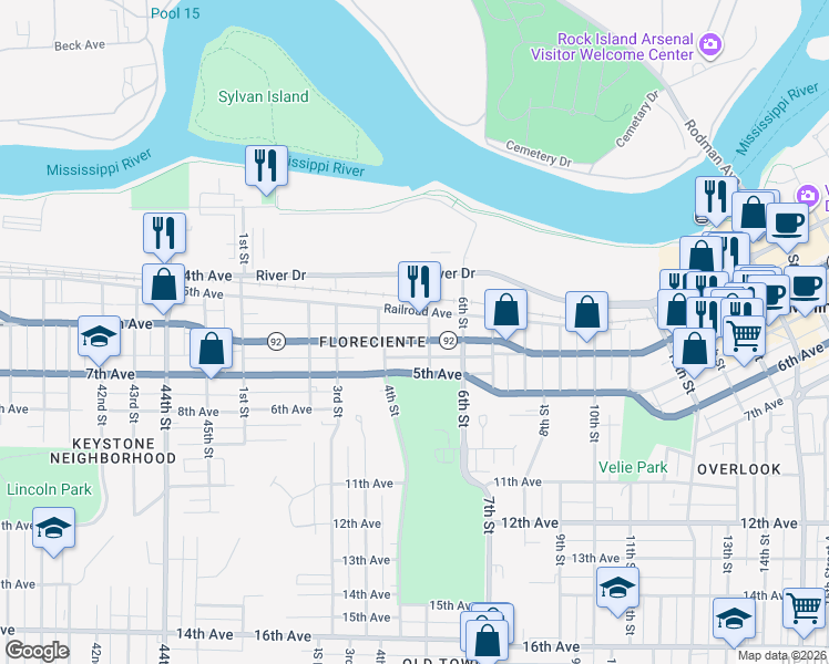 map of restaurants, bars, coffee shops, grocery stores, and more near 428 Railroad Avenue in Moline