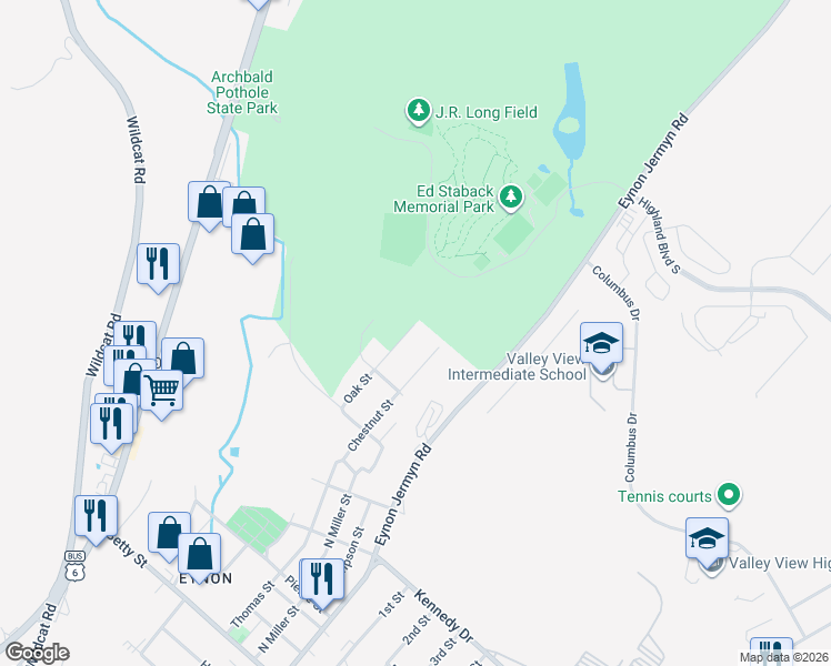 map of restaurants, bars, coffee shops, grocery stores, and more near 838 Oak Street in Archbald
