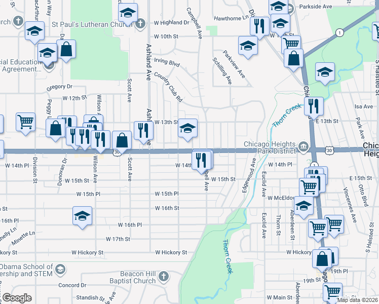 map of restaurants, bars, coffee shops, grocery stores, and more near 234 West 14th Street in Chicago Heights