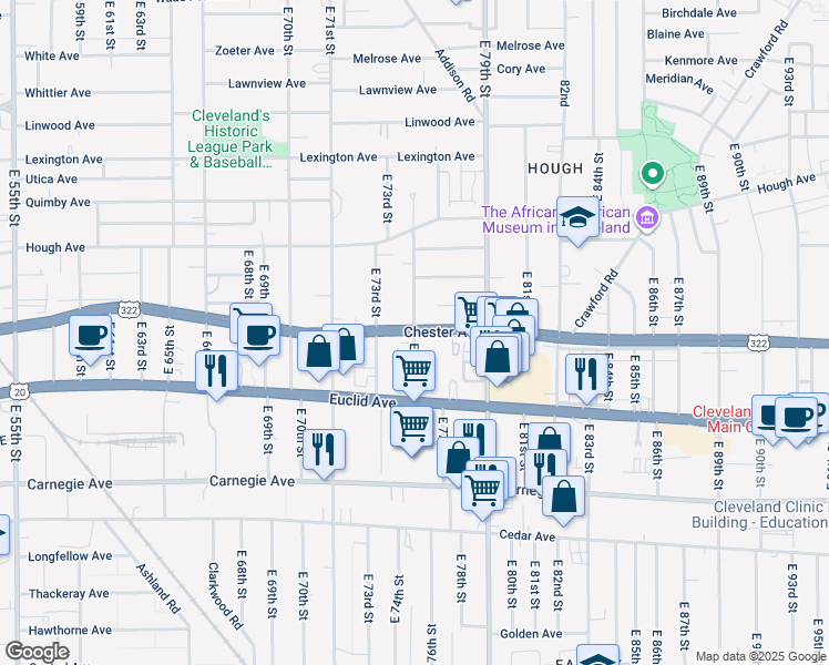 map of restaurants, bars, coffee shops, grocery stores, and more near 1915 East 75th Street in Cleveland