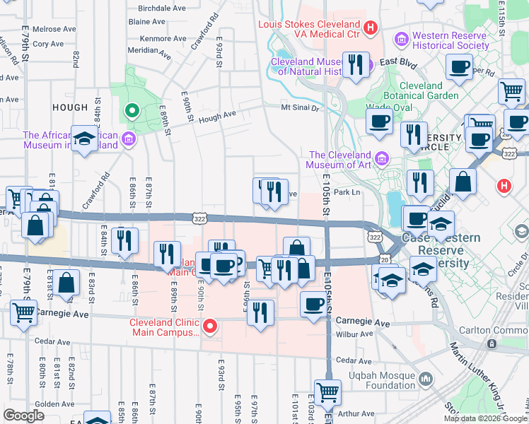 map of restaurants, bars, coffee shops, grocery stores, and more near 10001 Chester Avenue in Cleveland
