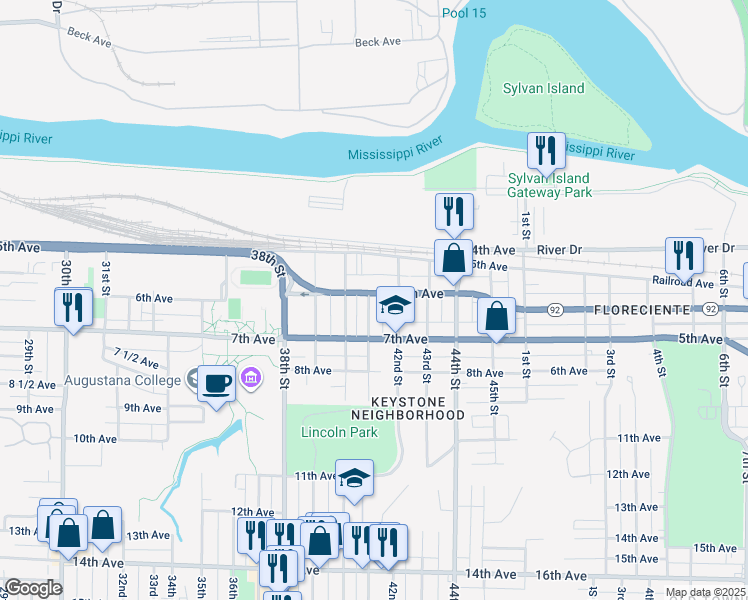 map of restaurants, bars, coffee shops, grocery stores, and more near 605 41st Street in Rock Island