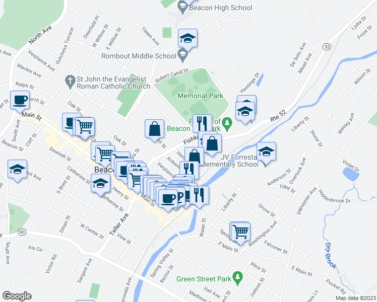 map of restaurants, bars, coffee shops, grocery stores, and more near 30 Franklin Avenue in Beacon
