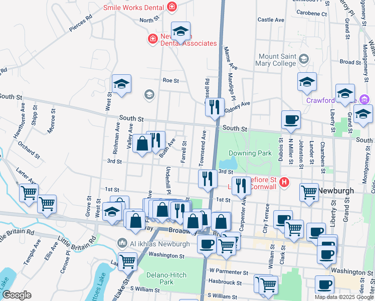 map of restaurants, bars, coffee shops, grocery stores, and more near 23 Farrell Street in Newburgh