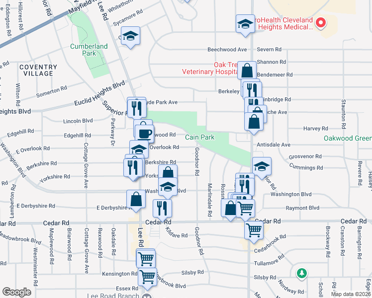 map of restaurants, bars, coffee shops, grocery stores, and more near 14586 Superior Road in Cleveland Heights