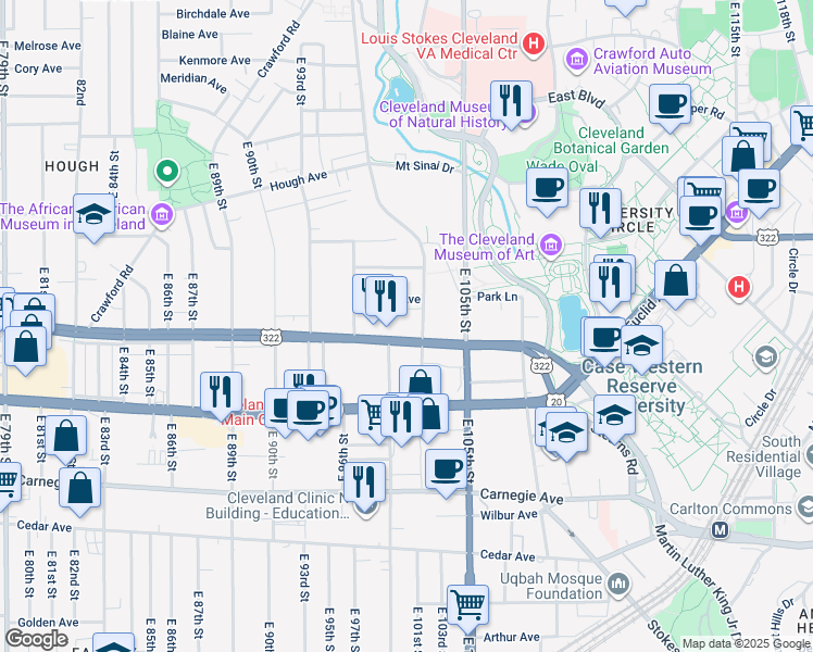 map of restaurants, bars, coffee shops, grocery stores, and more near 9908 Newton Avenue in Cleveland