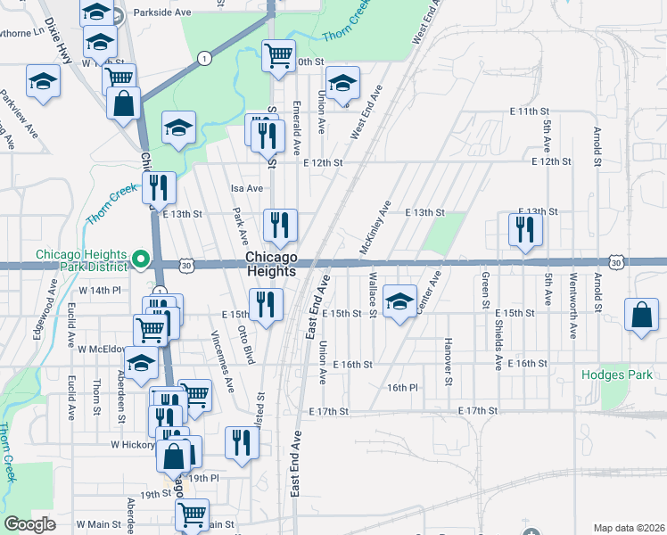 map of restaurants, bars, coffee shops, grocery stores, and more near in Chicago Heights
