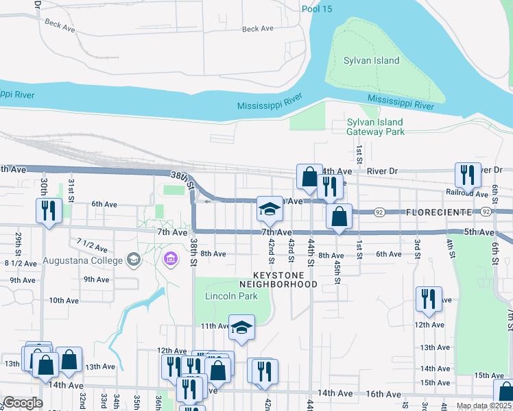 map of restaurants, bars, coffee shops, grocery stores, and more near 552-598 42nd Street in Rock Island