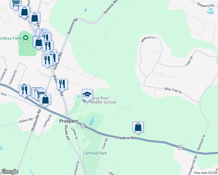 map of restaurants, bars, coffee shops, grocery stores, and more near 38 Merriman Lane in Prospect