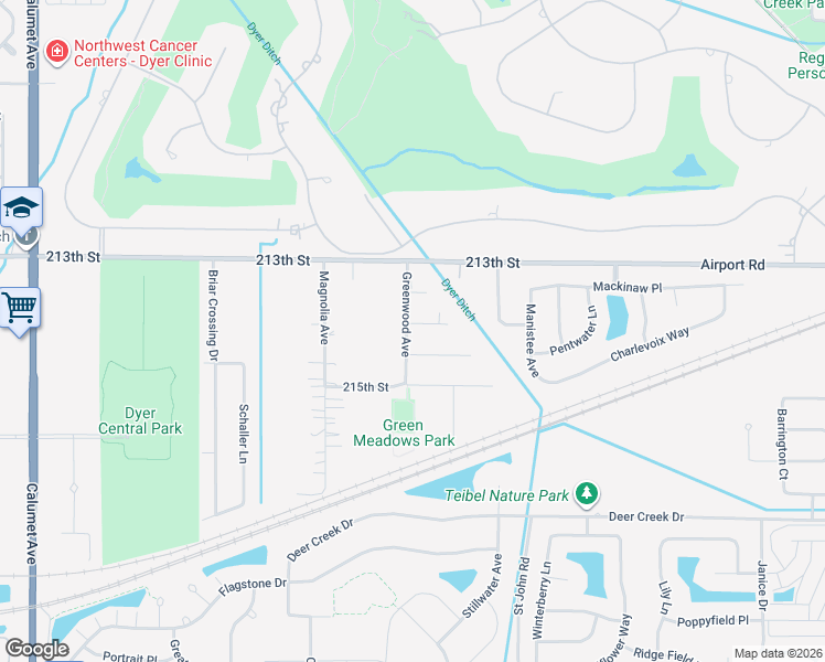 map of restaurants, bars, coffee shops, grocery stores, and more near 1416 Meadow Lane in Dyer