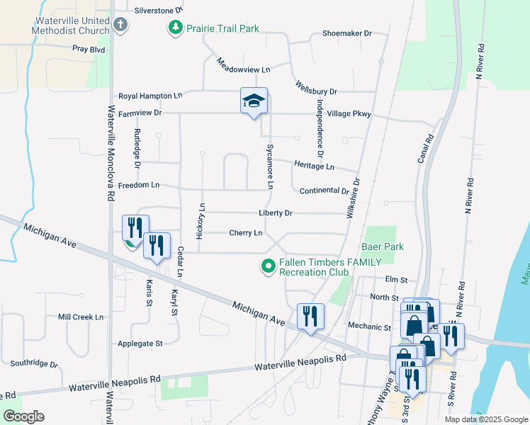 map of restaurants, bars, coffee shops, grocery stores, and more near 900 Liberty Drive in Waterville