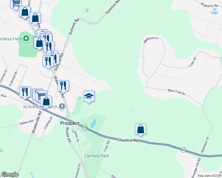 map of restaurants, bars, coffee shops, grocery stores, and more near 38 Merriman Lane in Prospect