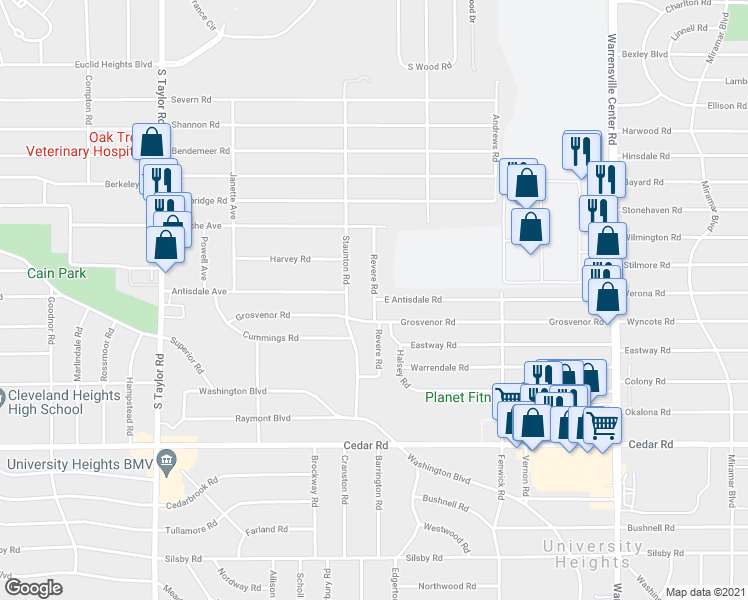map of restaurants, bars, coffee shops, grocery stores, and more near Revere Road in Cleveland