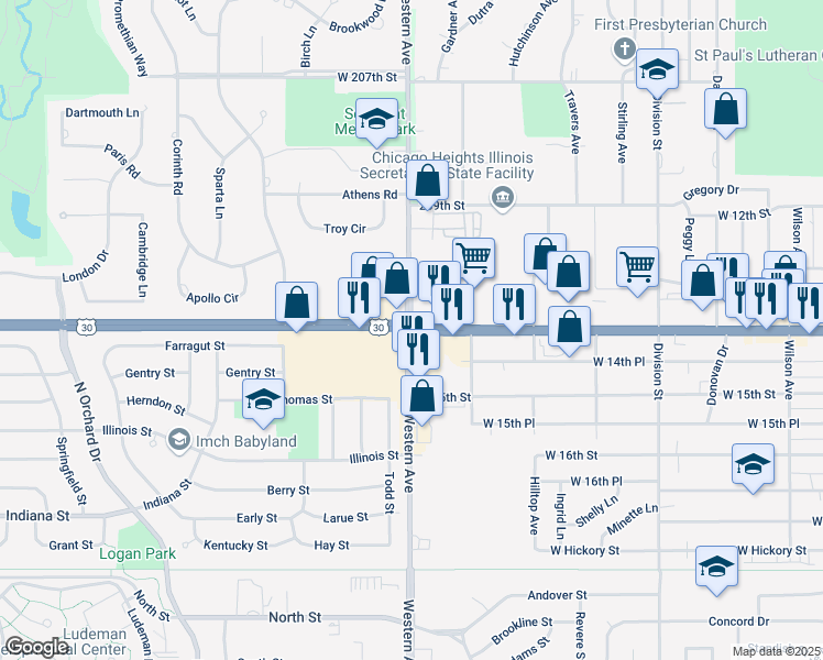 map of restaurants, bars, coffee shops, grocery stores, and more near Western Avenue in Chicago Heights