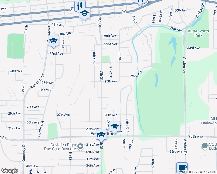 map of restaurants, bars, coffee shops, grocery stores, and more near 2502 7th Street in East Moline
