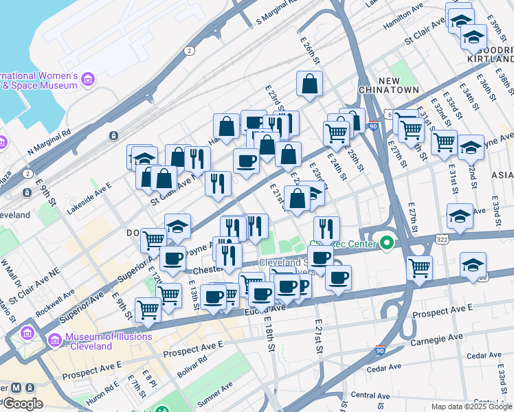 map of restaurants, bars, coffee shops, grocery stores, and more near 1522 East 19th Street in Cleveland