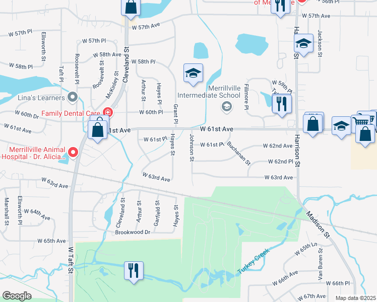 map of restaurants, bars, coffee shops, grocery stores, and more near 6114 Johnson Street in Merrillville