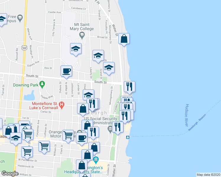 map of restaurants, bars, coffee shops, grocery stores, and more near 85 South Street in Newburgh