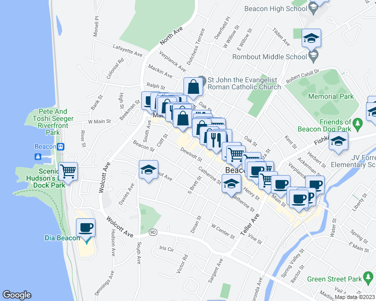 map of restaurants, bars, coffee shops, grocery stores, and more near 16 South Elm Street in Beacon