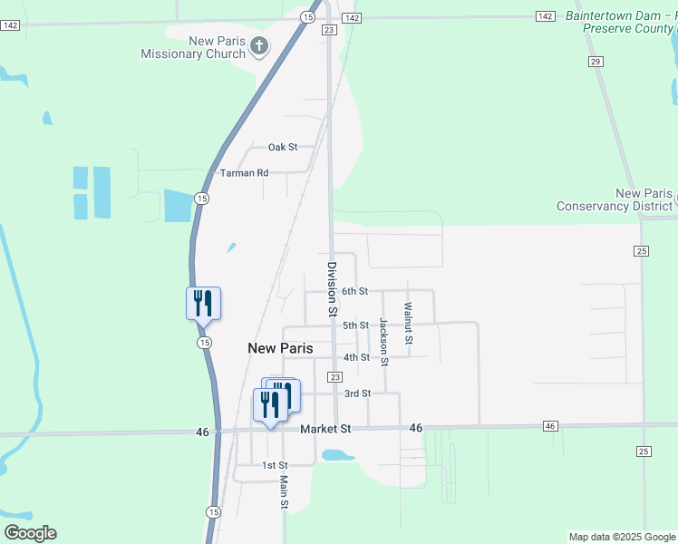 map of restaurants, bars, coffee shops, grocery stores, and more near 68043-68047 Division Street in New Paris