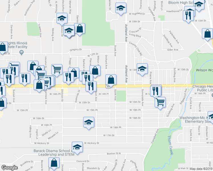 map of restaurants, bars, coffee shops, grocery stores, and more near West Lincoln Highway in Chicago Heights