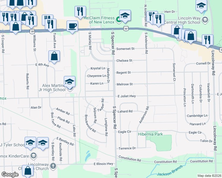 map of restaurants, bars, coffee shops, grocery stores, and more near 664 Marilyn Drive in New Lenox