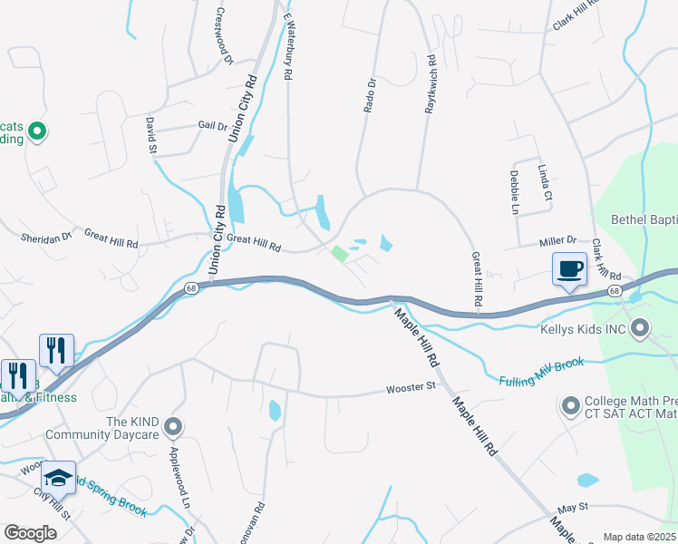 map of restaurants, bars, coffee shops, grocery stores, and more near 64 East Waterbury Road in Naugatuck
