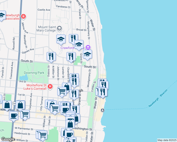 map of restaurants, bars, coffee shops, grocery stores, and more near 85 South Street in Newburgh