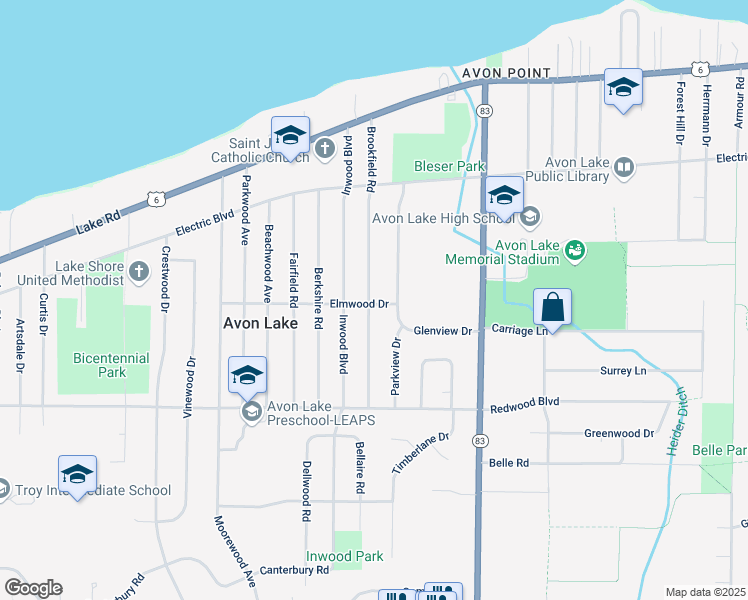 map of restaurants, bars, coffee shops, grocery stores, and more near 207 Brookfield Road in Avon Lake