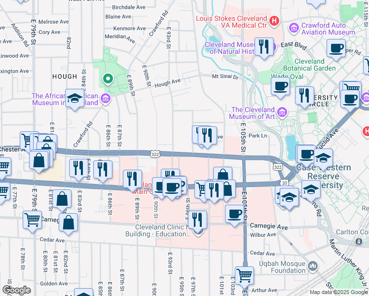 map of restaurants, bars, coffee shops, grocery stores, and more near 9601 Chester Avenue in Cleveland