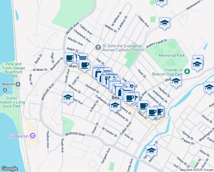 map of restaurants, bars, coffee shops, grocery stores, and more near 37 Church Street in Beacon
