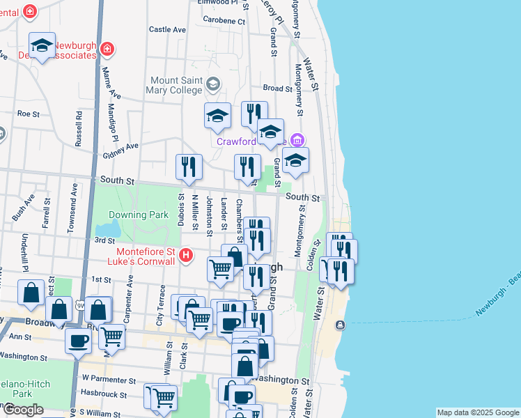 map of restaurants, bars, coffee shops, grocery stores, and more near 119 South Street in Newburgh