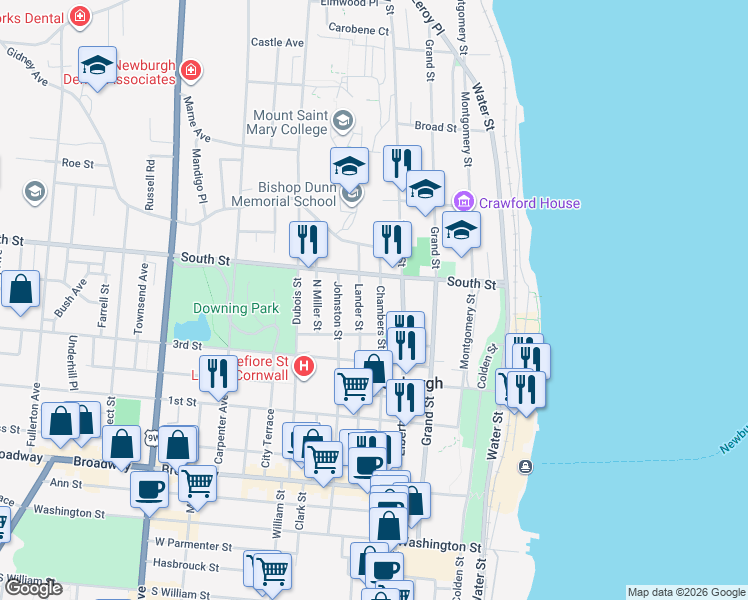 map of restaurants, bars, coffee shops, grocery stores, and more near 168 Chambers Street in Newburgh