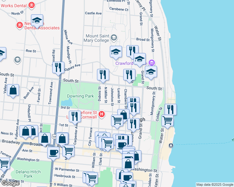 map of restaurants, bars, coffee shops, grocery stores, and more near 162 Johnston Street in Newburgh