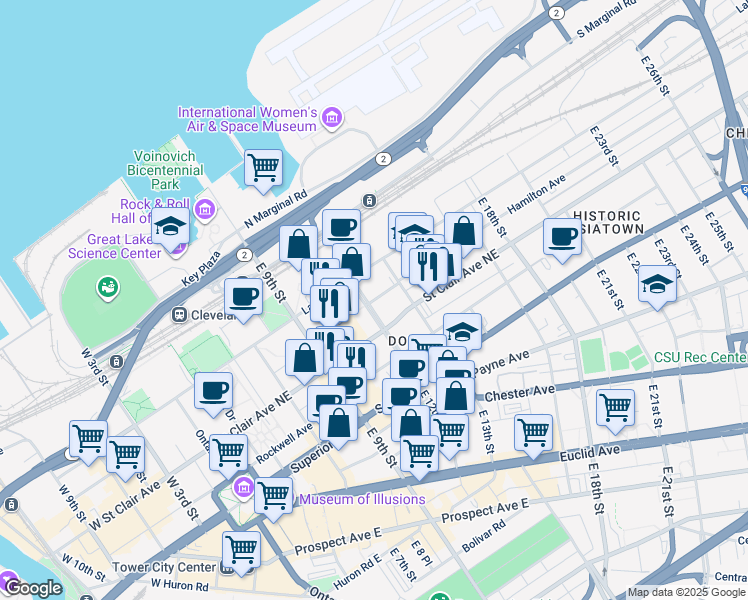 map of restaurants, bars, coffee shops, grocery stores, and more near 1300 Lakeside Avenue East in Cleveland