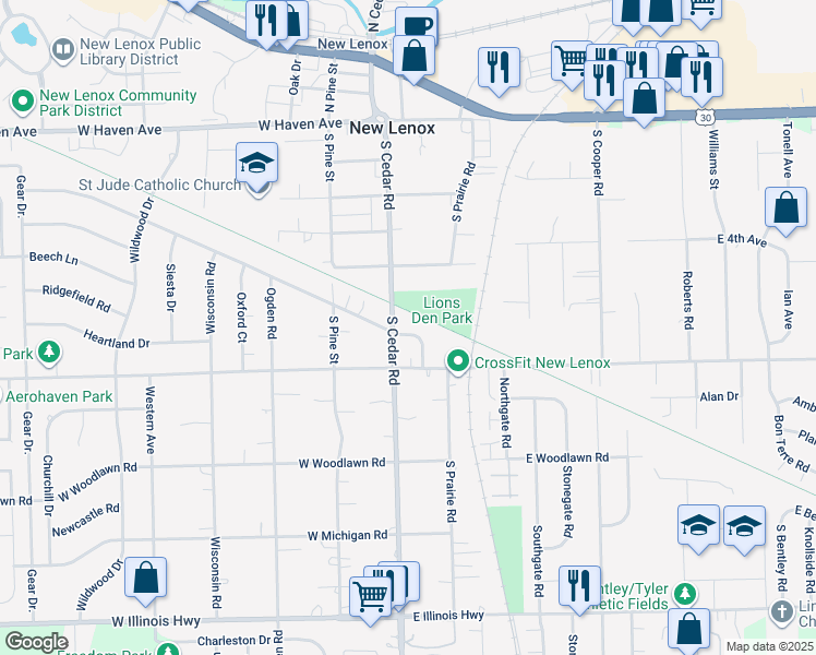 map of restaurants, bars, coffee shops, grocery stores, and more near 105 Roy Street in New Lenox