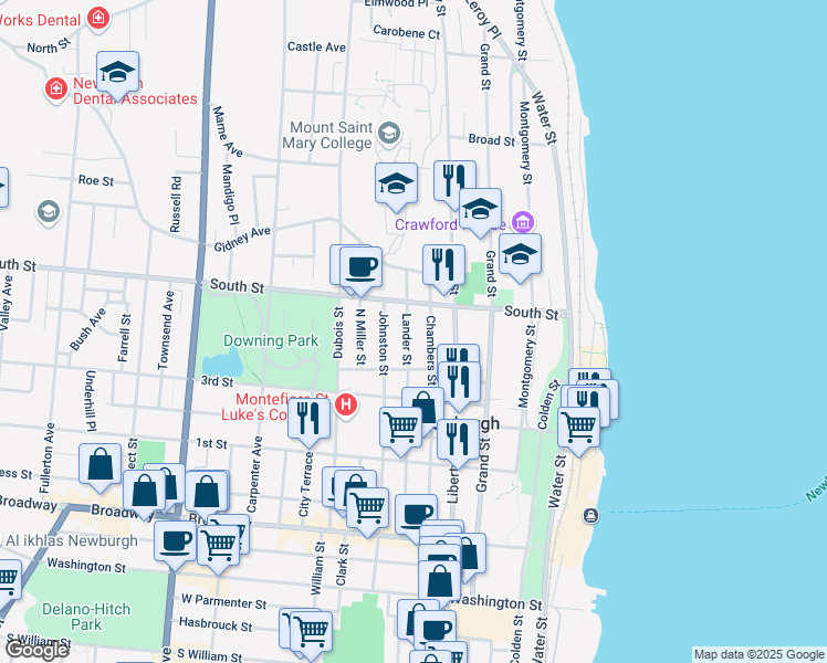 map of restaurants, bars, coffee shops, grocery stores, and more near 168 Chambers Street in Newburgh