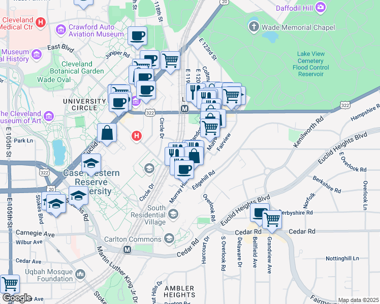 map of restaurants, bars, coffee shops, grocery stores, and more near 2085 Random Road in Cleveland