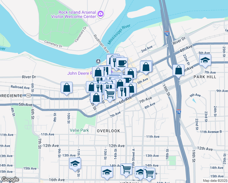 map of restaurants, bars, coffee shops, grocery stores, and more near 1409 5th Avenue in Moline