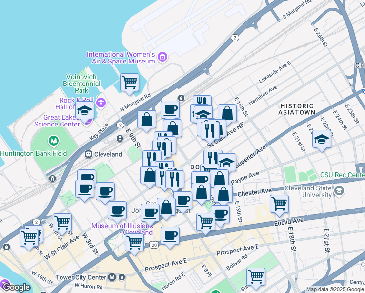 map of restaurants, bars, coffee shops, grocery stores, and more near 1300 Lakeside Avenue East in Cleveland