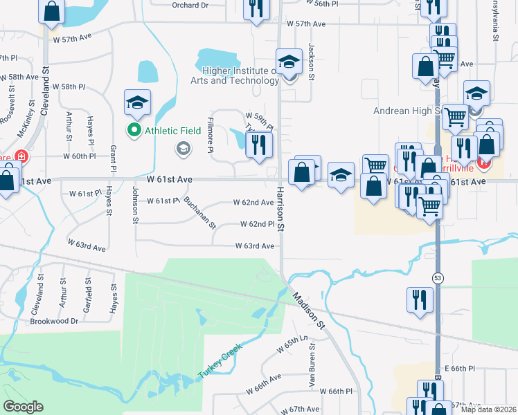 map of restaurants, bars, coffee shops, grocery stores, and more near 901 West 62nd Avenue in Merrillville