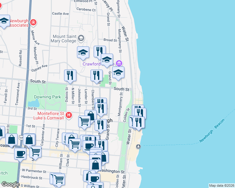 map of restaurants, bars, coffee shops, grocery stores, and more near 85 South Street in Newburgh