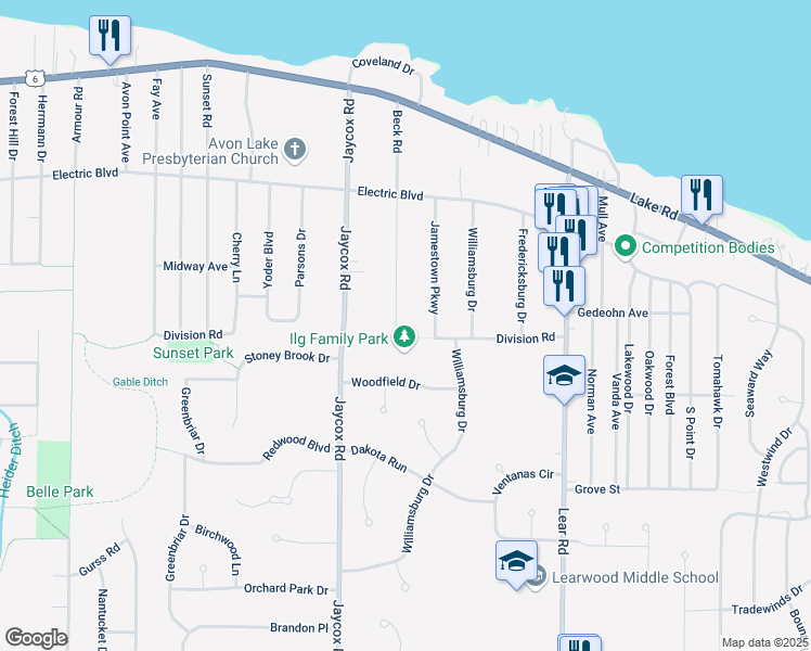 map of restaurants, bars, coffee shops, grocery stores, and more near 215 Beck Road in Avon Lake