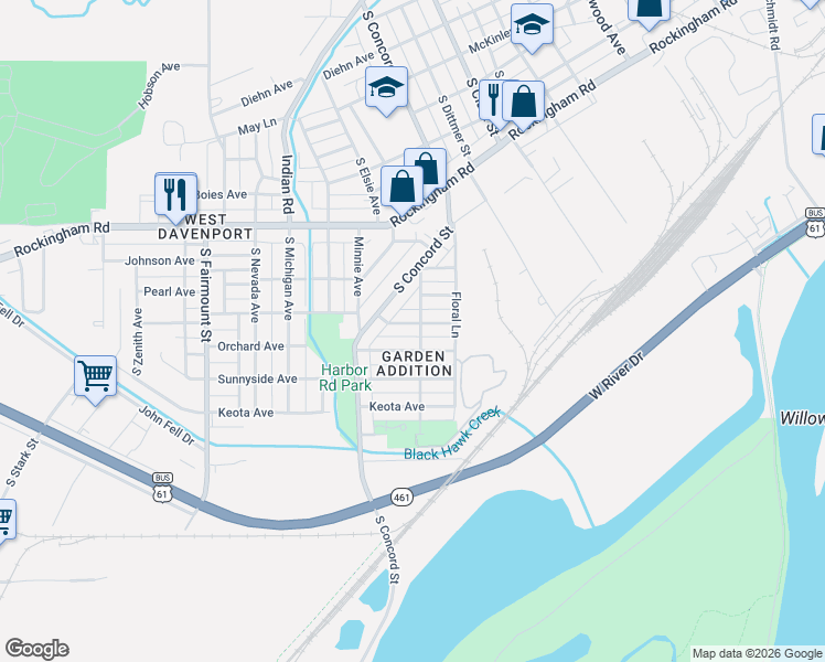 map of restaurants, bars, coffee shops, grocery stores, and more near 3216 Homestead Avenue in Davenport