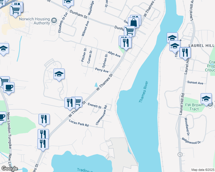 map of restaurants, bars, coffee shops, grocery stores, and more near 400 West Thames Street in Norwich