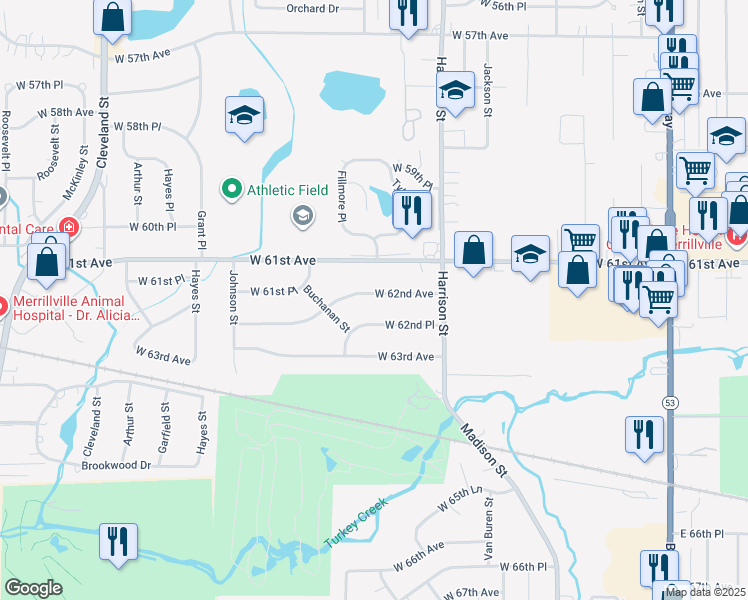 map of restaurants, bars, coffee shops, grocery stores, and more near 1017 West 62nd Avenue in Merrillville